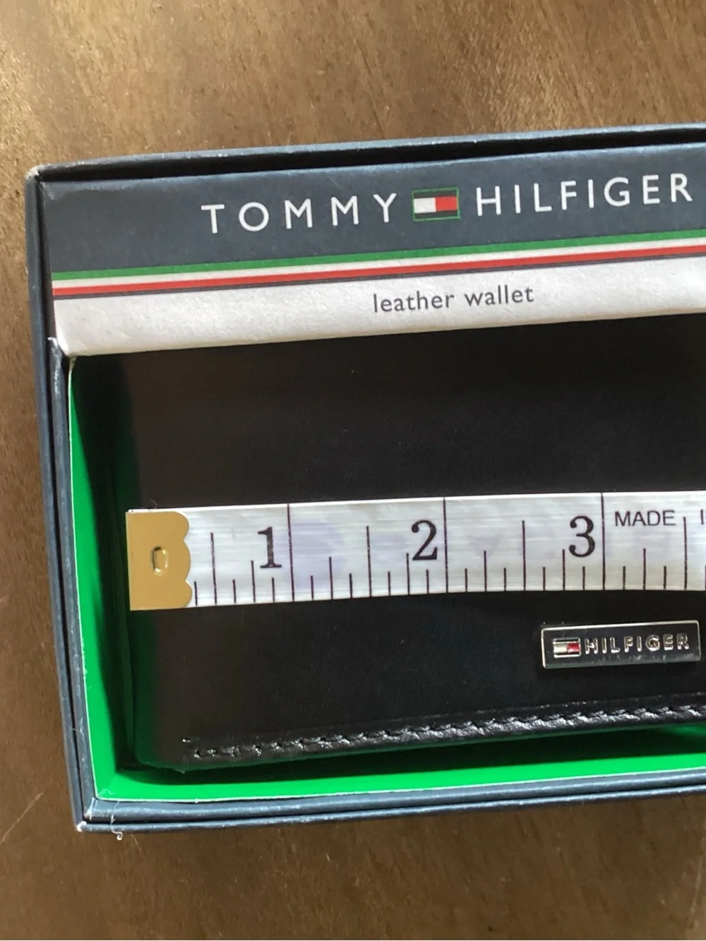 Tommy Hilfiger Black Leather Bi-Fold Wallet with Metal Logo in box